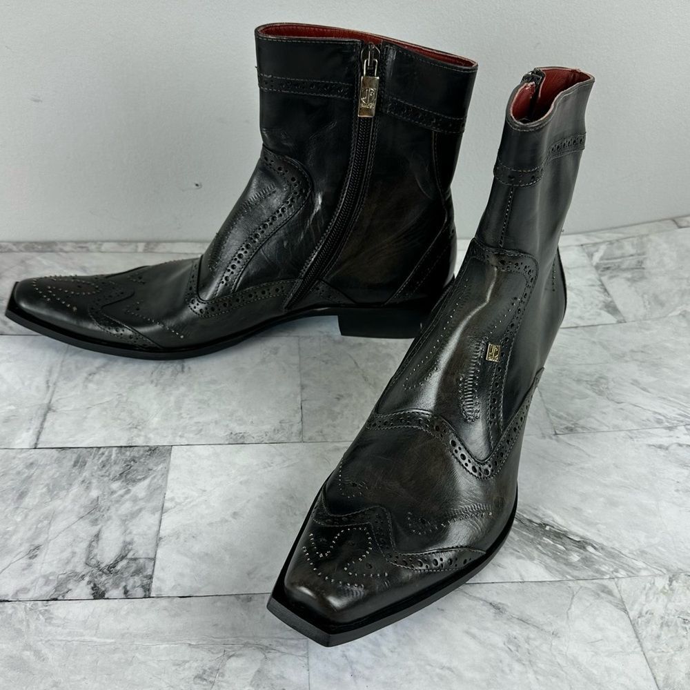 Black Leather Wingtip Ankle Boots with Side Zip